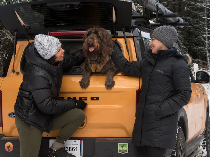 A dog hangs out the back of a 2025 Ford Bronco® in winter with two people petting it