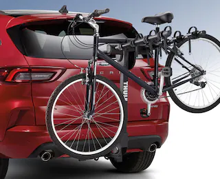 Close-up of a rear bike rack with bicycle a mounted on it