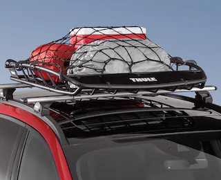 Close-up of a Yakima roof rack with various items on it