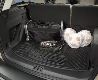 Close-up of a rear cargo area with various items inside