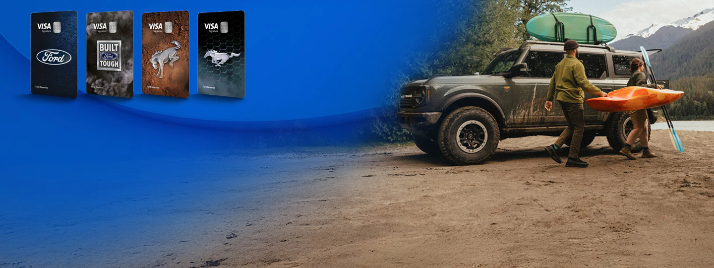 Ford Rewards Visa credit cards with Ford, Built Ford Tough, Bronco and Mustang designs and off-road vehicle lifestyle scene