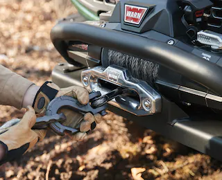Closeup of hook connecting To Warn Winch