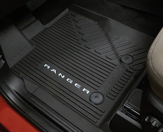 Closeup of 2025 Ford Ranger pickup driver side floor mat