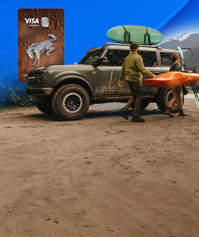 Ford Rewards Visa credit card designs featuring Ford, Built Ford Tough, Bronco, and Mustang themes