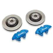 Two brake rotors and two blue calipers