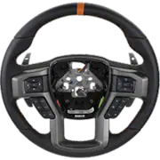 Black and gray steering wheel with orange stripe