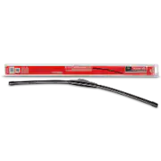 A single black windshield wiper blade and its red packaging